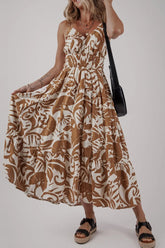 Floral Shirred High Waist Spaghetti Straps Dress OutfitFlow